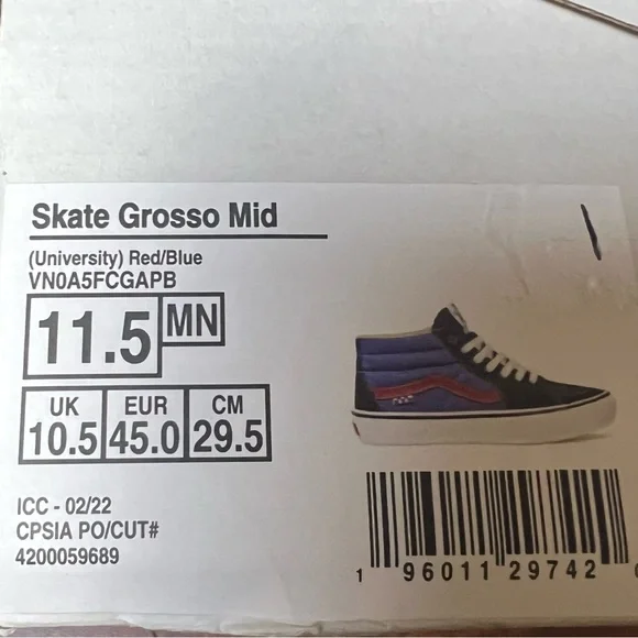 VANS New! Men’s Shoes Skate Grosso Mid University Red Blue Size 11.5 - Picture 9 of 9